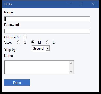 The Order dialog box with every common control