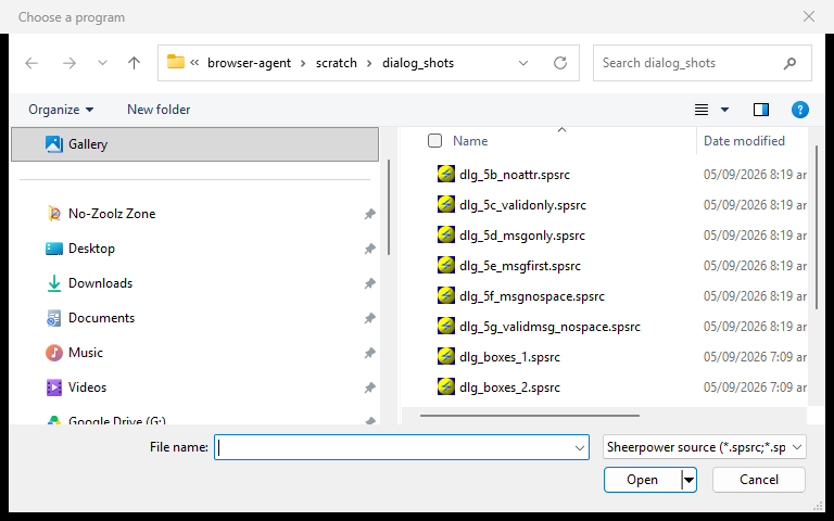 The native Open file dialog, filtered to Sheerpower source files
